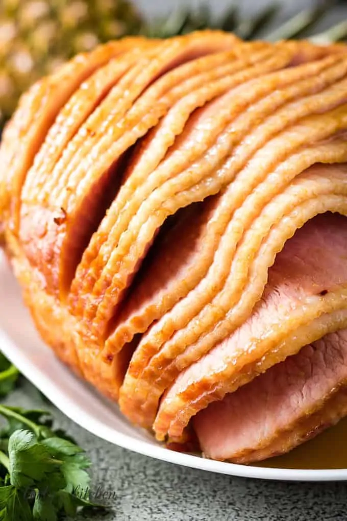 A close-up of the finished baked ham.