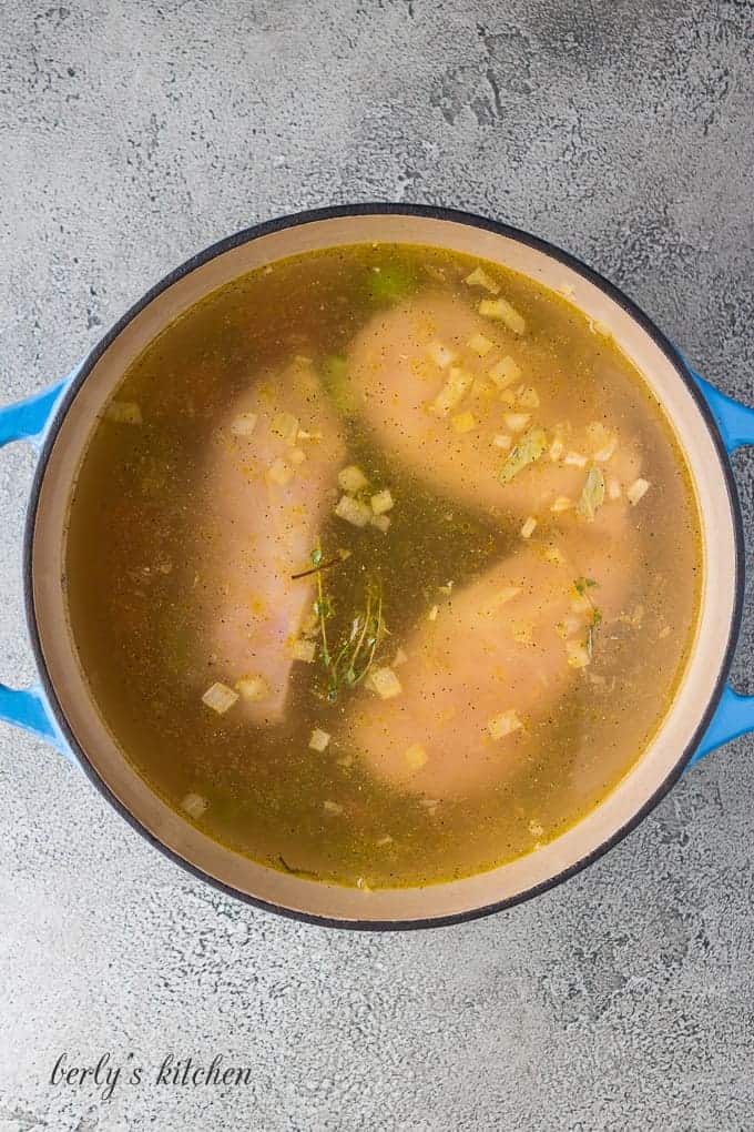 The chicken breasts and broth added to the dutch oven.