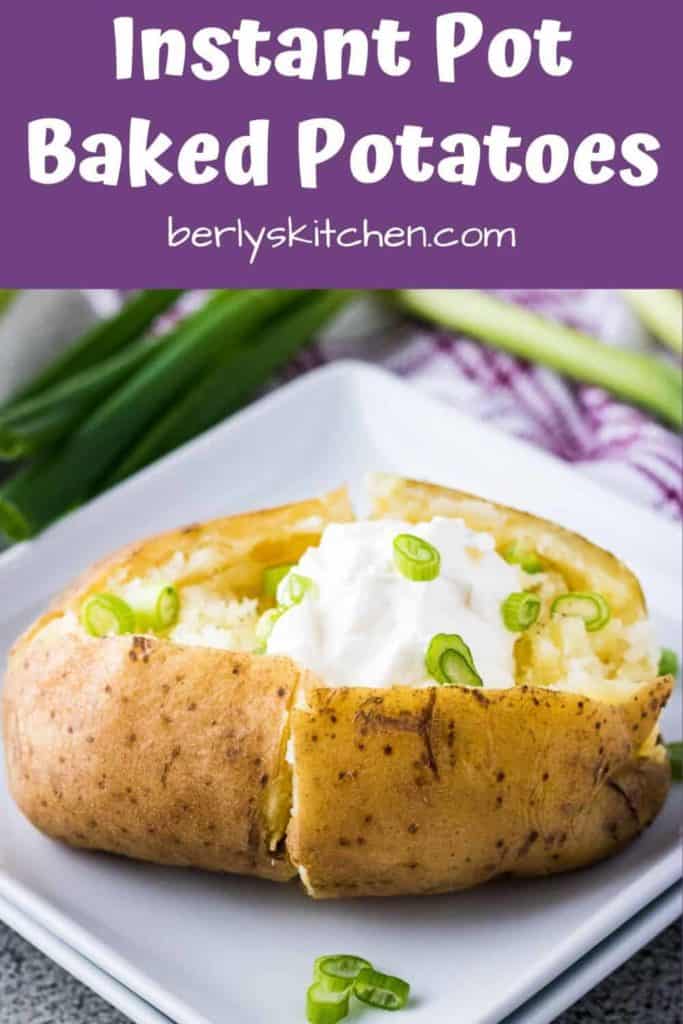 A pressure cooked potato topped with sour cream and green onions.