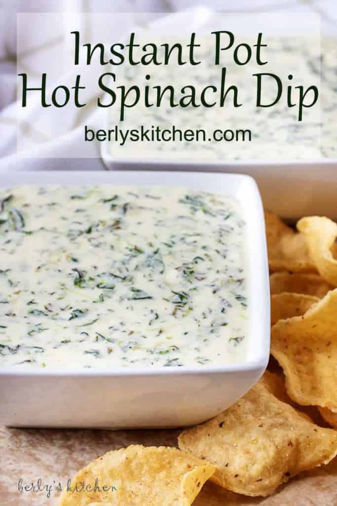 Instant hot spinach dip with chips in bowls.