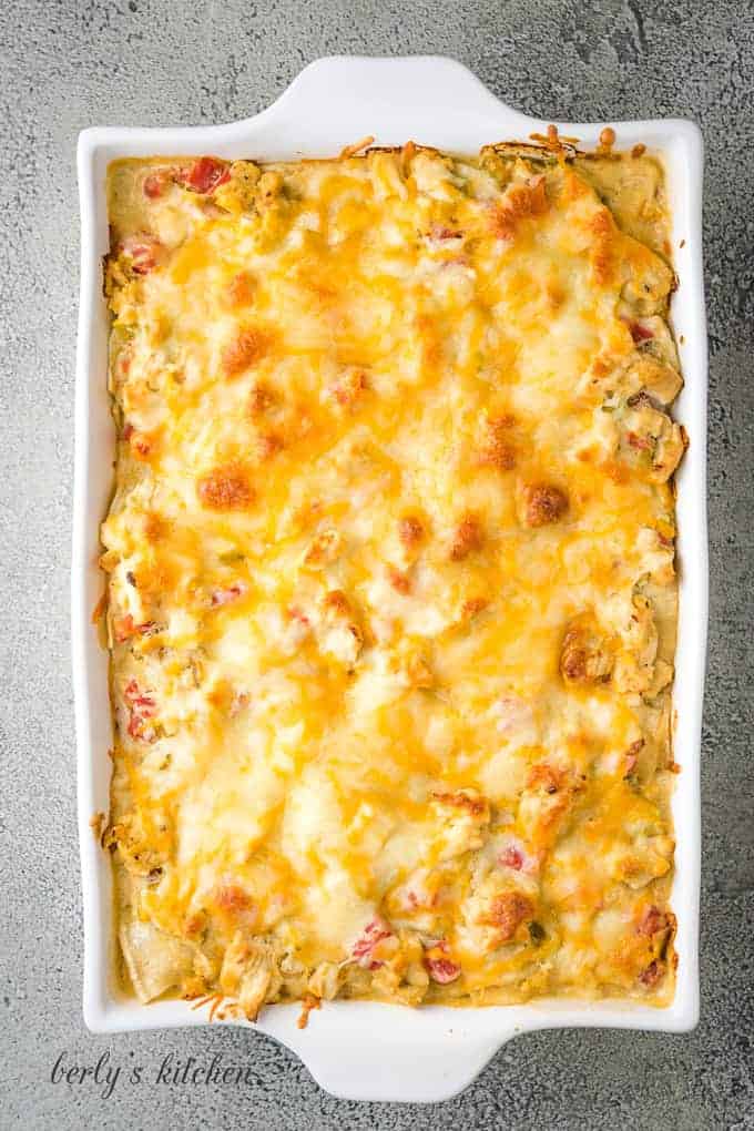 A top-down view of the baked king ranch chicken casserole.