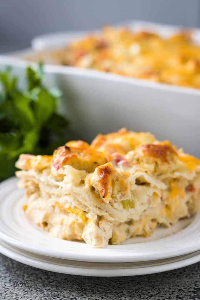 A piece of the finished casserole served on a plate.