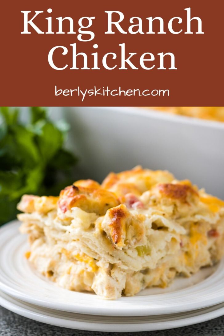 A square slice of the finished King Ranch chicken casserole.