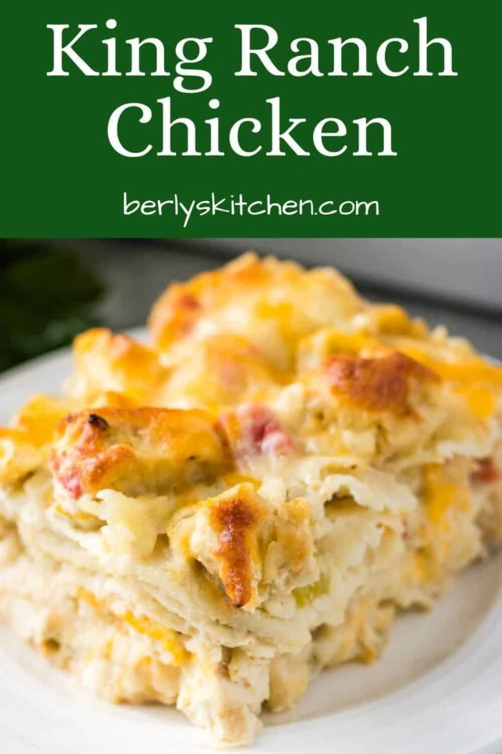 A square piece of King Ranch chicken on a plate.