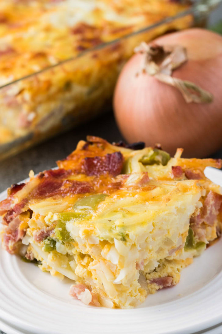 One pieces of the easy breakfast casserole on a plate.
