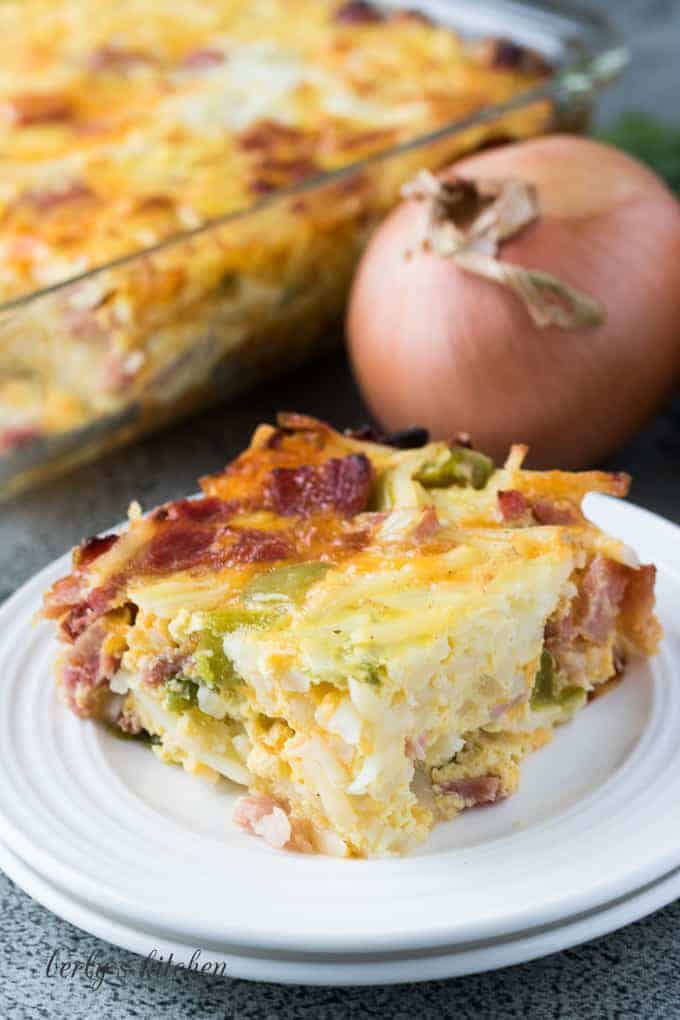 One pieces of the easy breakfast casserole on a plate.