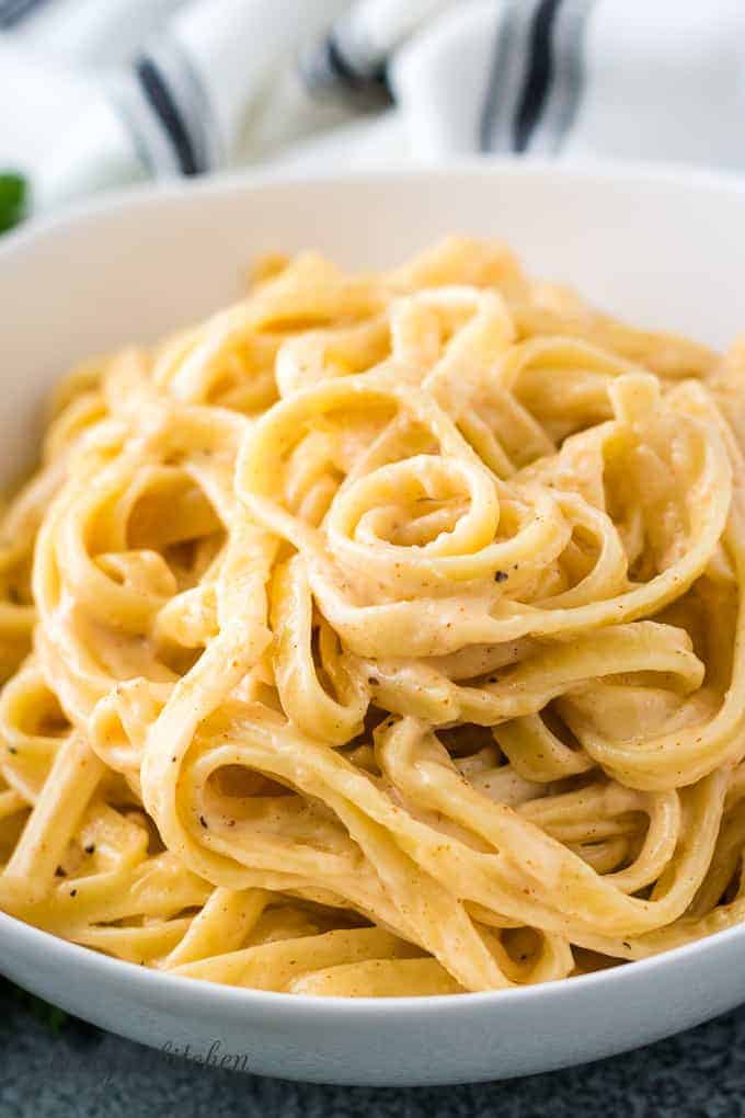 A close-up of the pasta to show the spicy sauce.