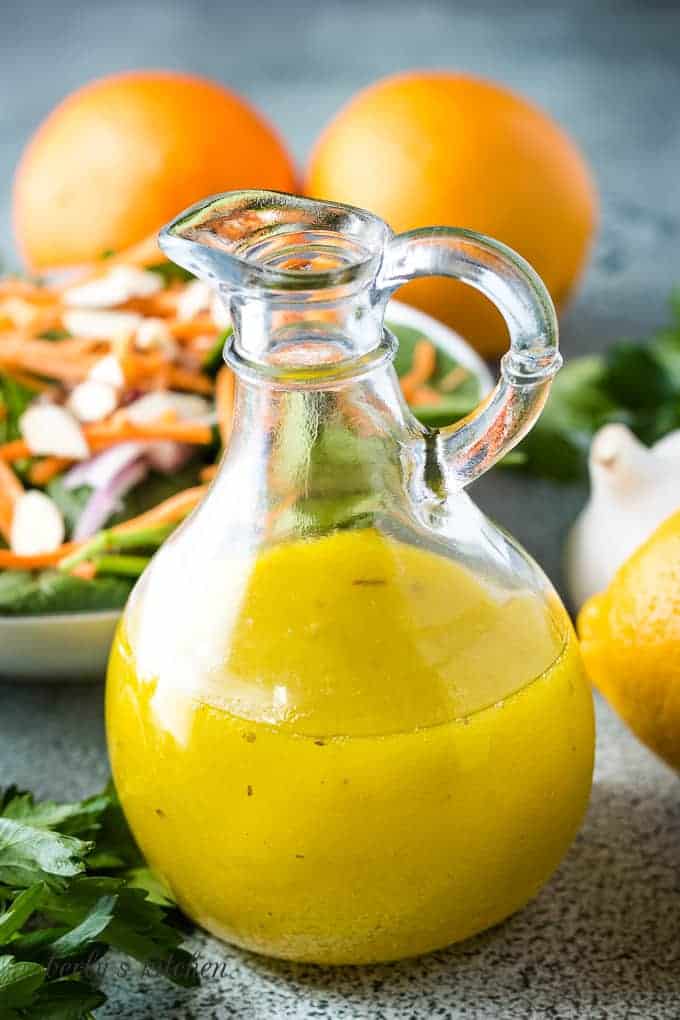 The finished salad dressing in a salad dressing bottle.