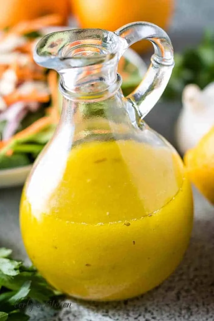 A close-up of the salad dressing in a bottle.