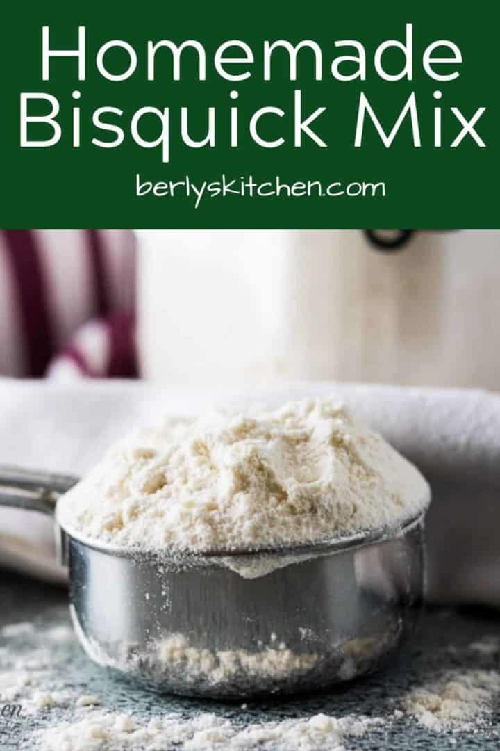 A measuring cup overflowing with bisquick mix.