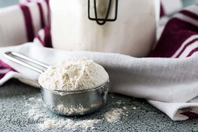 A small scoop of the homemade bisquick mix on the counter.