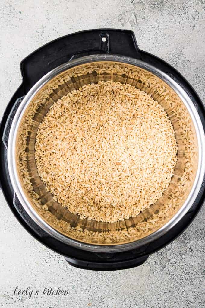Uncooked brown rice in the Instant Pot liner.