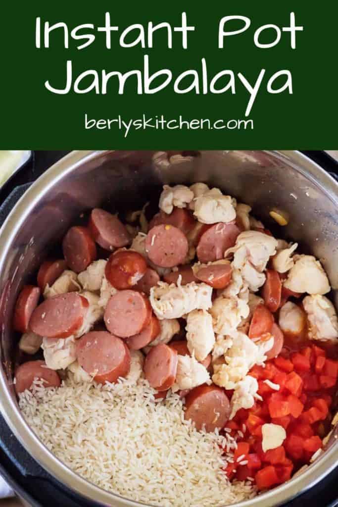 Top down view of ingredients in an Instant Pot used for jambalaya.