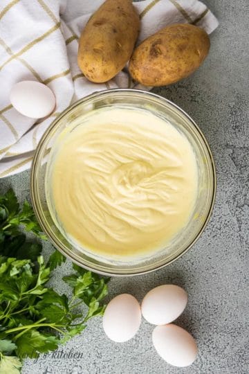 Ariel view of creamy mayonnaise dressing used for potato salad.