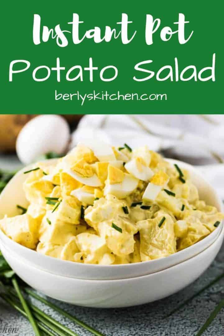 Potato salad photo used for pinterst with green text overlay.