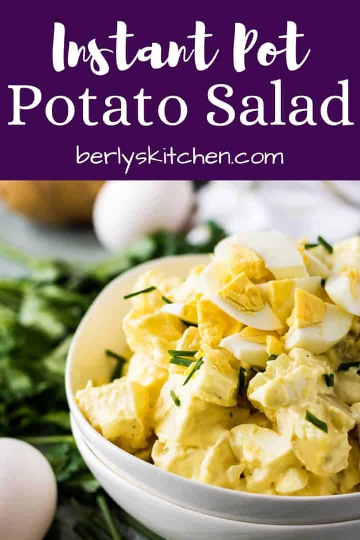 Potato salad image used for Pinterest with purple text overlay.