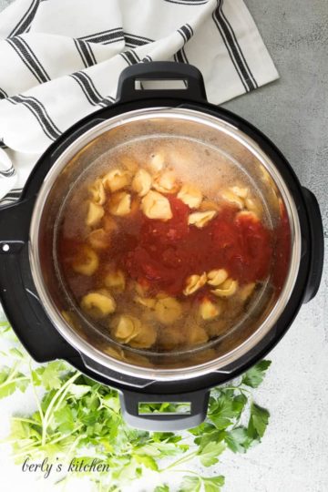 Canned tomatoes and tortellinis added to the broth.