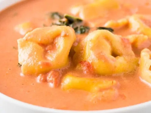 A close-up view of the soup showing pasta and kale.