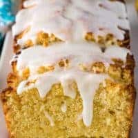 The finished lemon quick bread with the glaze applied.