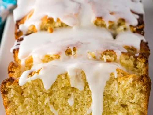 The finished lemon quick bread with the glaze applied.