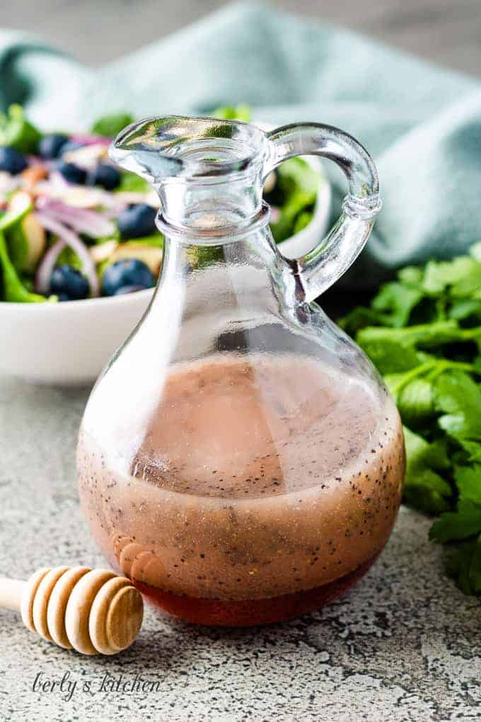 The salad dressing served with a salad.