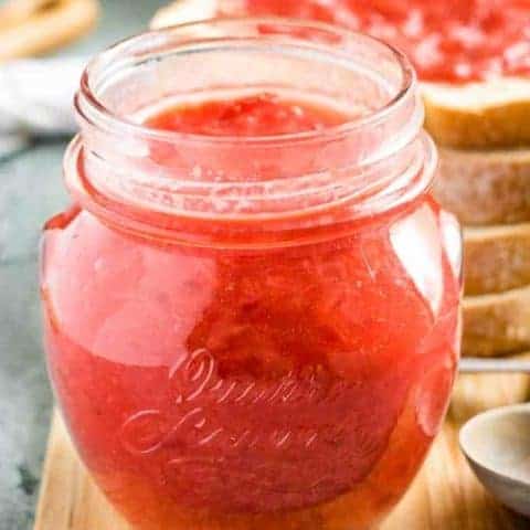 Sunday Morning Strawberry Jam The sunday morning strawberry jam recipe served in a mason jar.