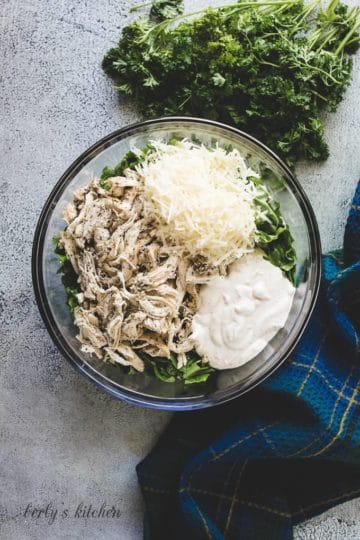 Romaine lettuce, chicken, Parmesan cheese, and Caesar dressing in a bowl.
