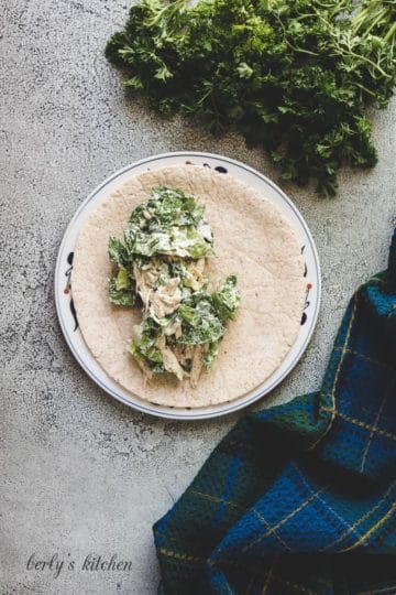 A portion of the chicken Caesar filling on a whole wheat tortilla.