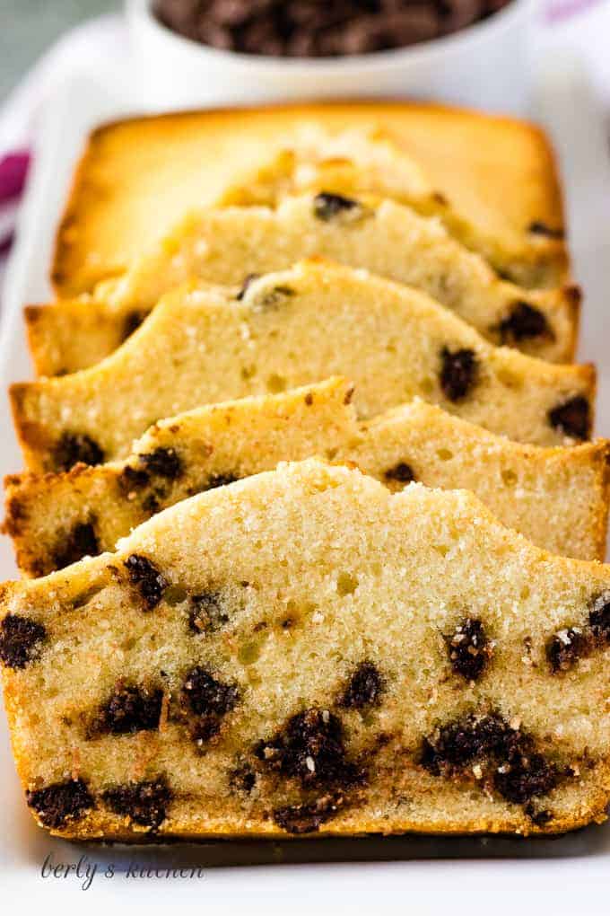 A forward facing photo of the cake loaf showing the melted chocolate chips.