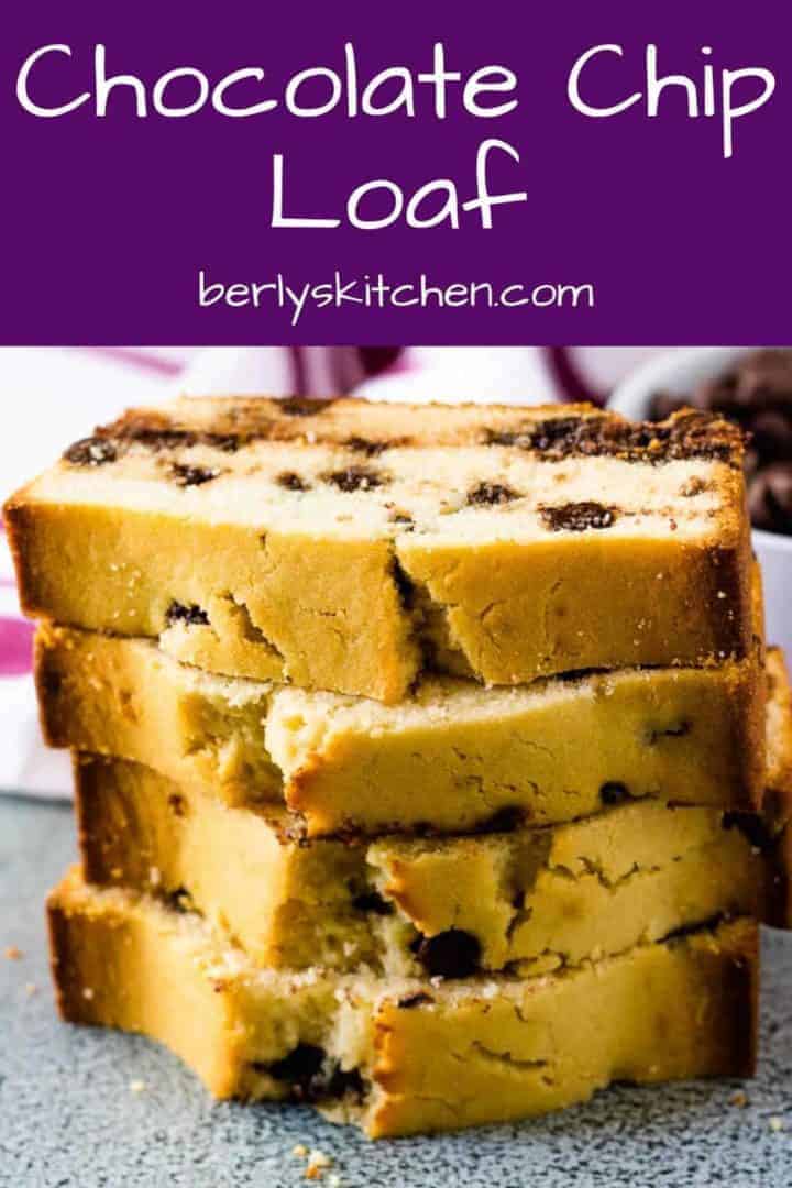 Four slices of the chocolate chip loaf cake on a counter top.