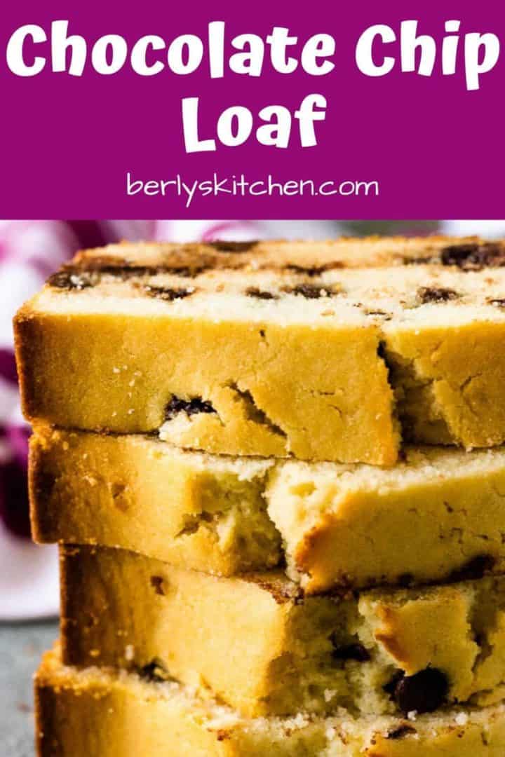 A stack of chocolate chip loaf cake slices.