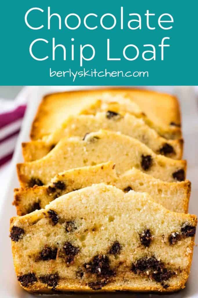 A front view of the chocolate chip loaf cake on a platter.