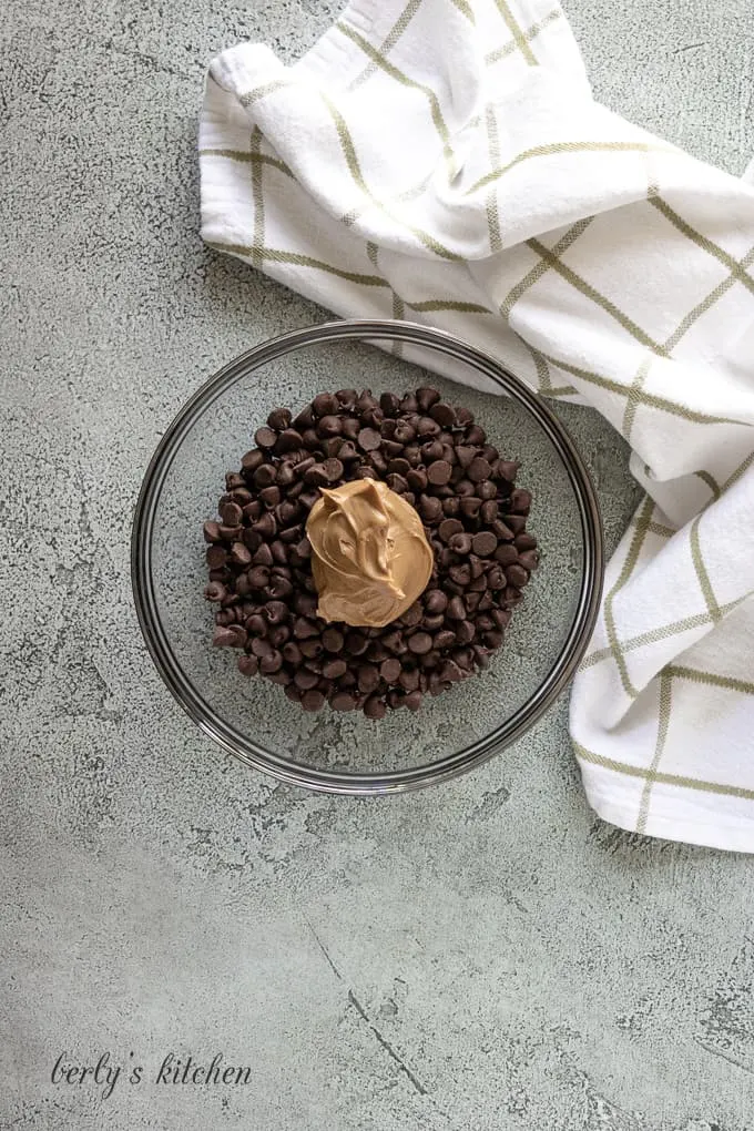 Peanut Butter and chocolate chips in a mixing bowl.