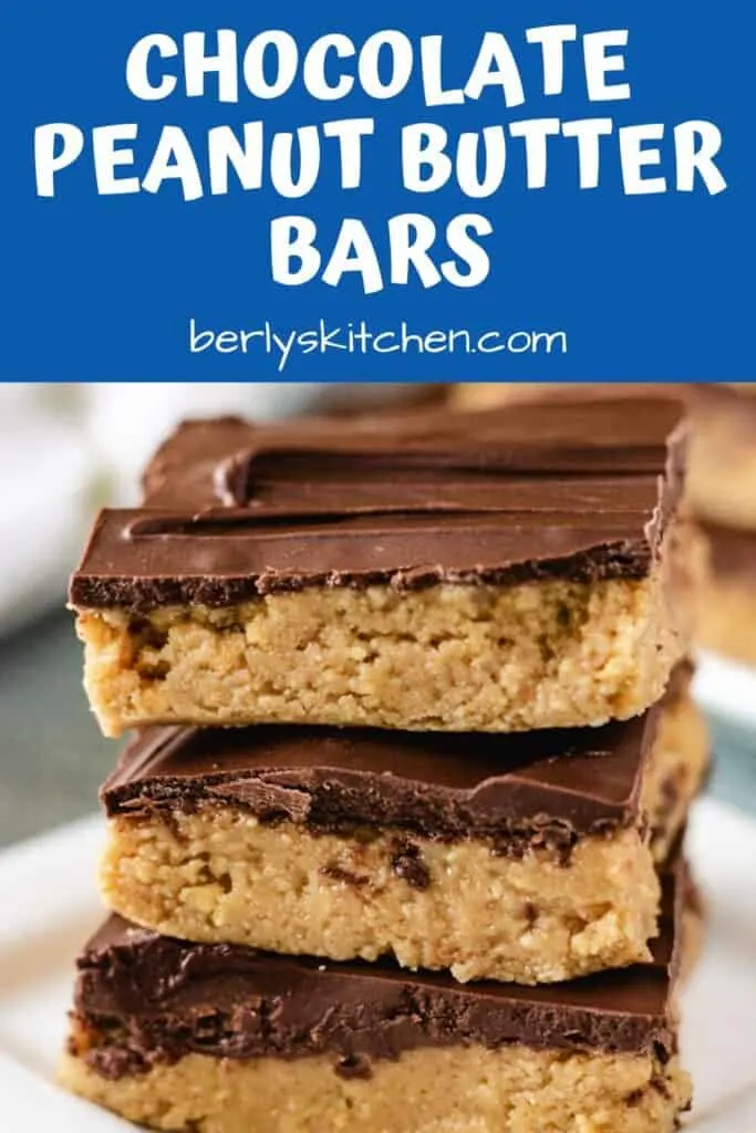 A close-up of the no bake peanut butter bars showing the two layers.