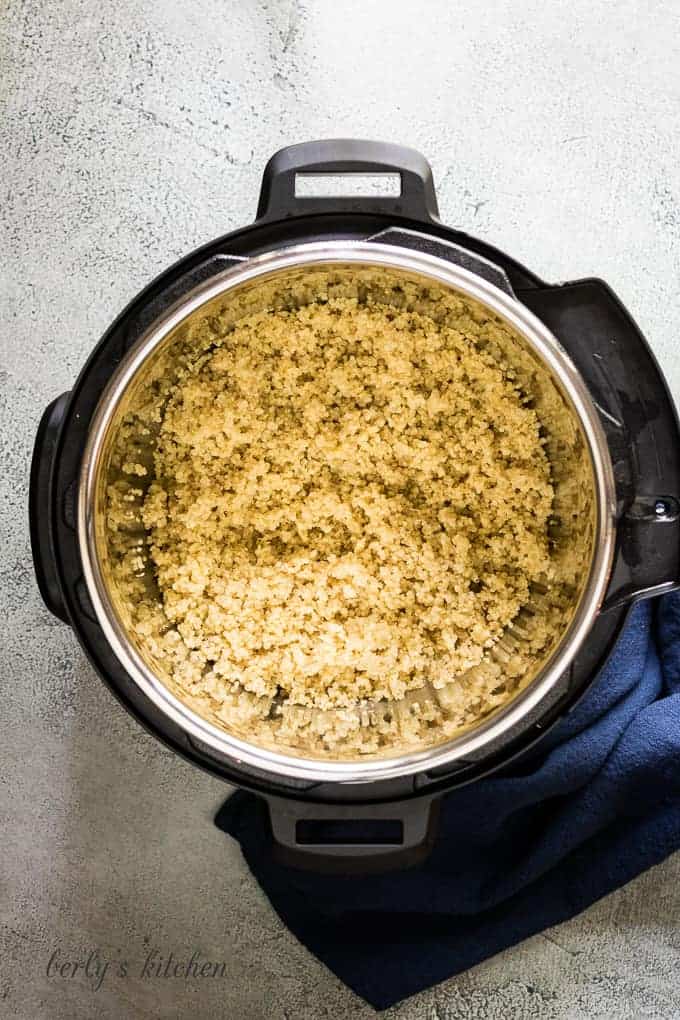The quinoa has cooked and is ready to serve.