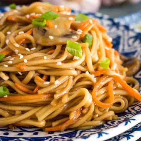A close-up view of the veggie lo mein on a plate.