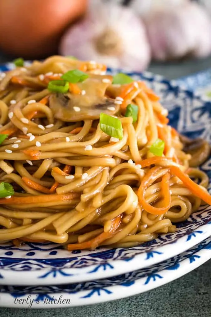 A close-up view of the veggie lo mein on a plate.