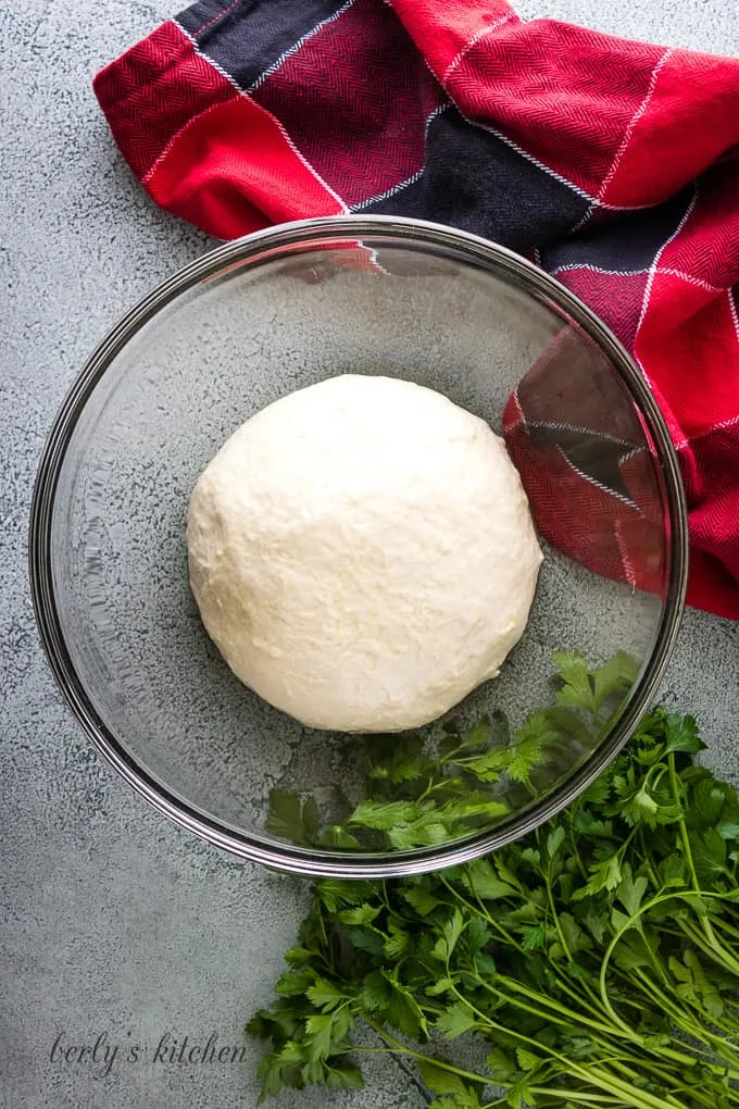 The pizza dough has been transferred to a mixing bowl to rest.