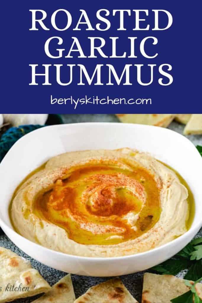 The roasted garlic hummus drizzled with olive oil and paprika.