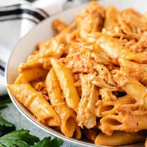 Another close-up view of the slow cooker pasta in a bowl.