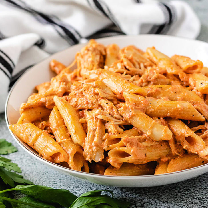 The finished slow cooker creamy chicken pasta in a bowl.