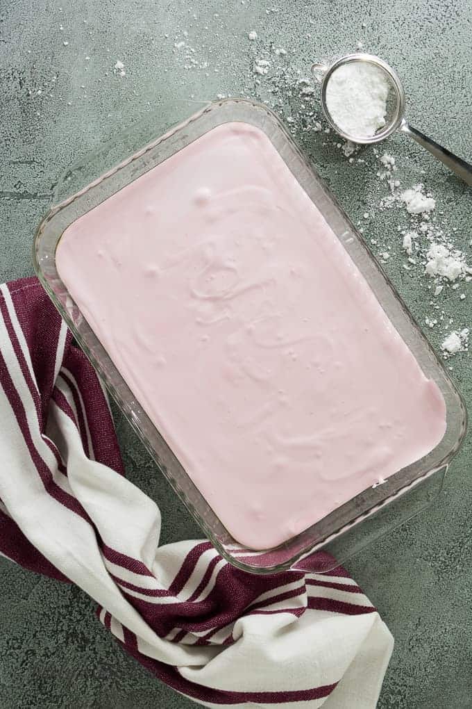 The strawberry fluff has been transferred to the baking dish.