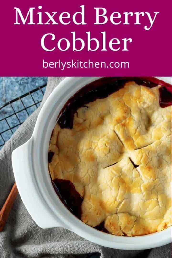 Close-up, top down view of the finished berry cobbler in the baking dish.