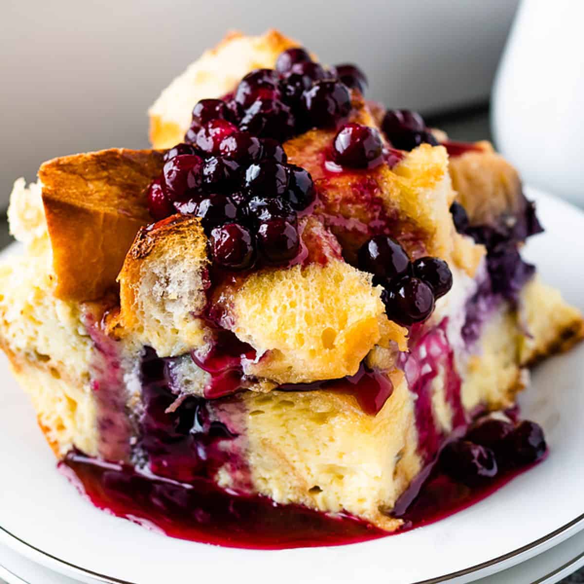 Blueberry French Toast Casserole on a plate.