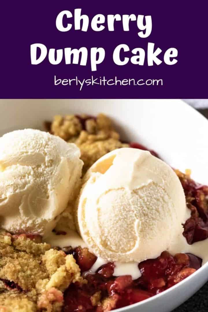 The finished cherry dump cake recipe served with ice cream.