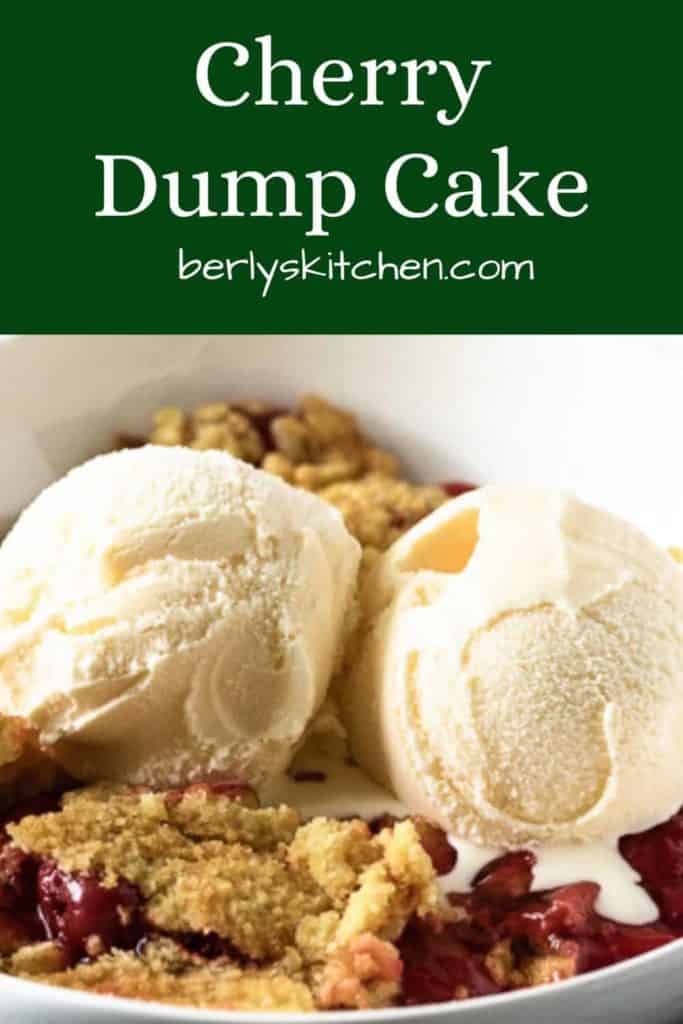 A serving of cherry dump cake with vanilla ice cream.
