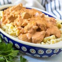 Chicken paprikash layered over spaetzle noodles in a blue and white platter.