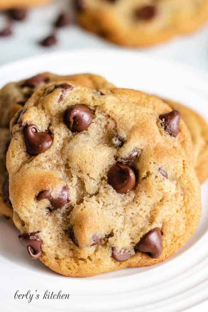 A close-up of the finished soft chocolate chip cookie recipe.