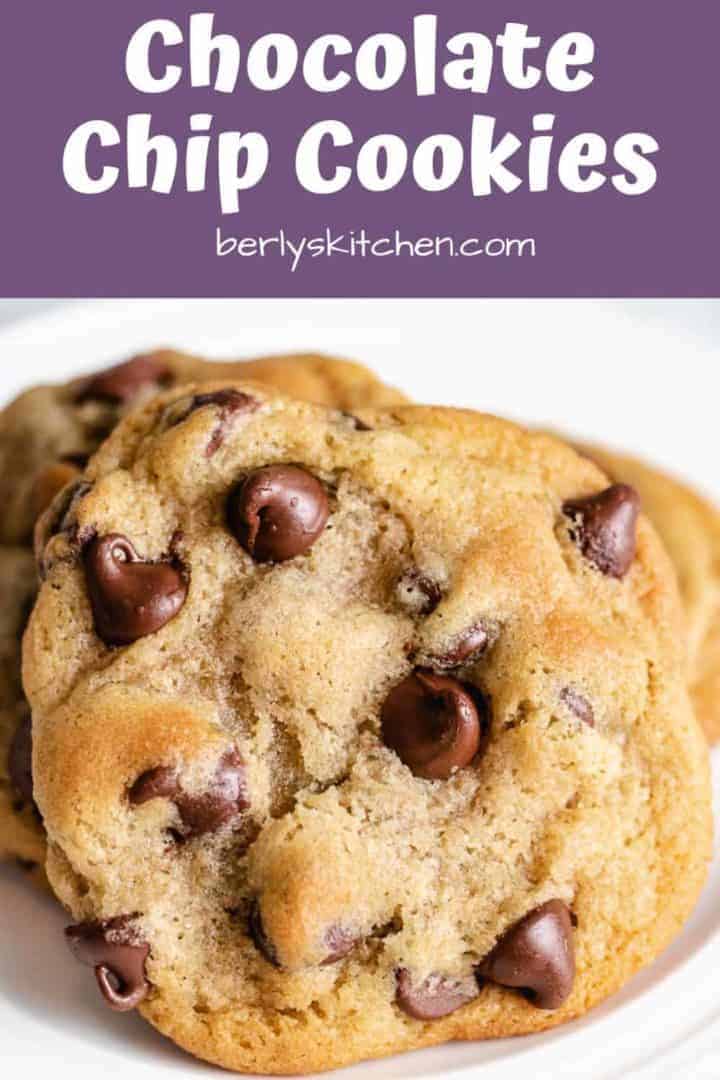 A close-up view of a soft chocolate chip cookie.