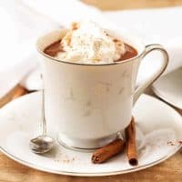Chocolate hazelnut hot cocoa in a tea cup with cinnamon sticks.